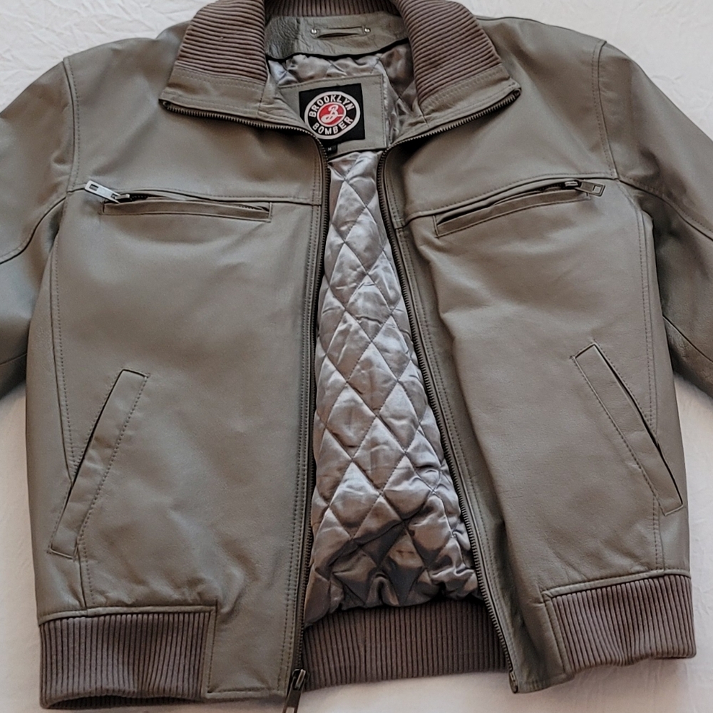 Vintage Leather Bomber Jacket in Grey Men's Size Medium - Brooklyn Bomber Coat